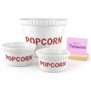 Home Movie Night POPCORN Embossed Red Word Stoneware 1 Large 2 Small Bowls Set 3